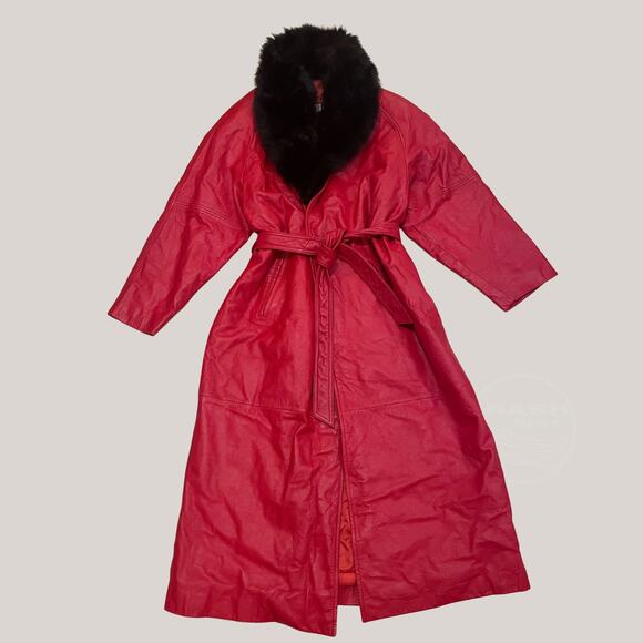 1970s Red Leather Maxi Coat w/ Real Black Fox Fur | Greg Bell, XL, Rare Vintage - Picture 2 of 14